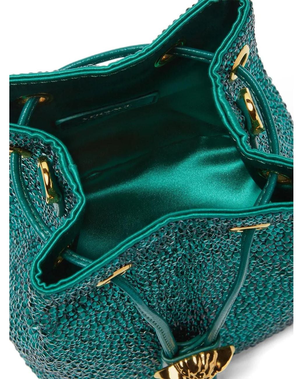 Versace Blue La Medusa Embellished Satin Mini Bucket Bag