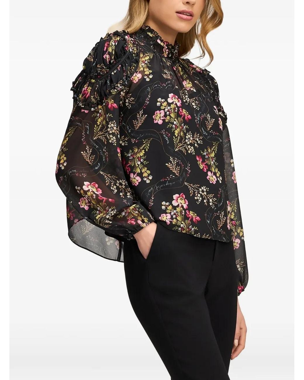Cinq À Sept Black Josette Love Letter Floral-Print Ruffled Top