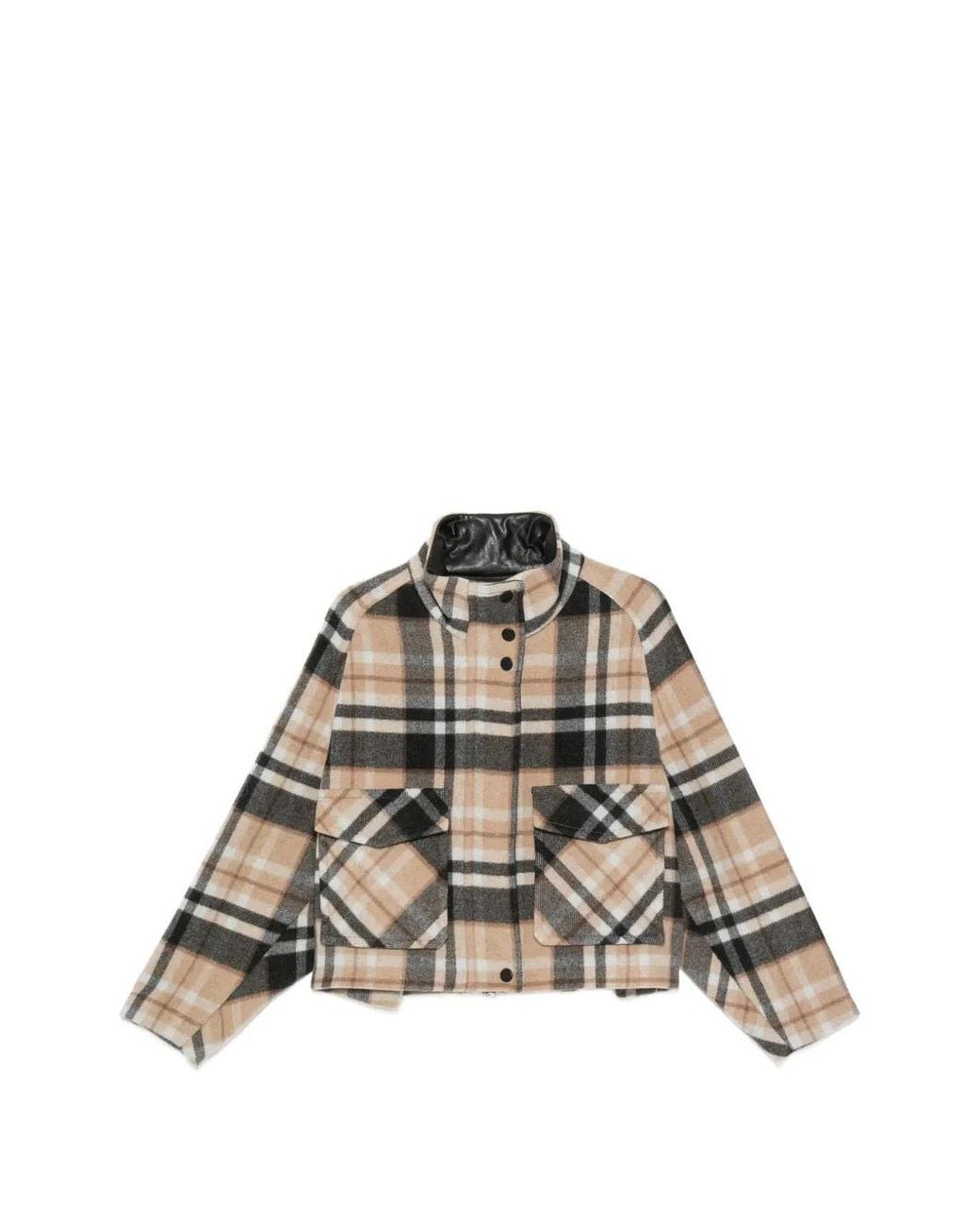 Pinko Natural Double-Layered Check-Pattern High-Neck Coat