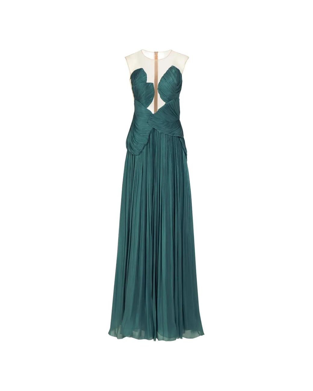Costarellos Green Serenne Illusion-Neckline, Pleated Gown