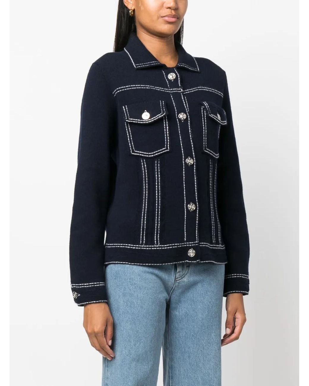 Barrie Black Contrast-Stitching Denim-Effect Jacket