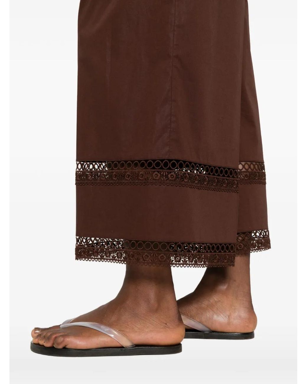 Twinset Brown Wide Poplin Trousers With Embroidery