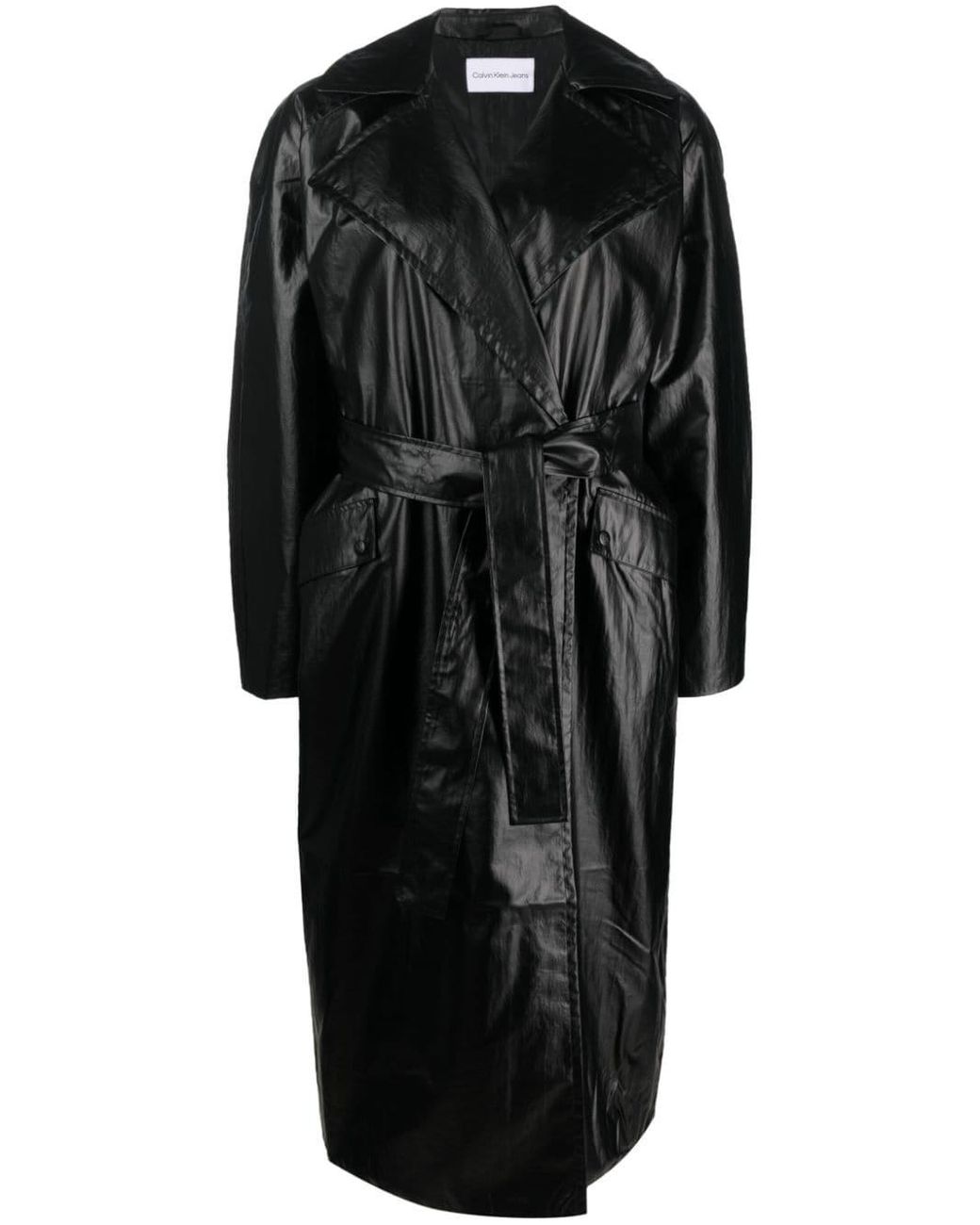 Calvin Klein Polished-effect Tied Trench Coat in Black | Lyst