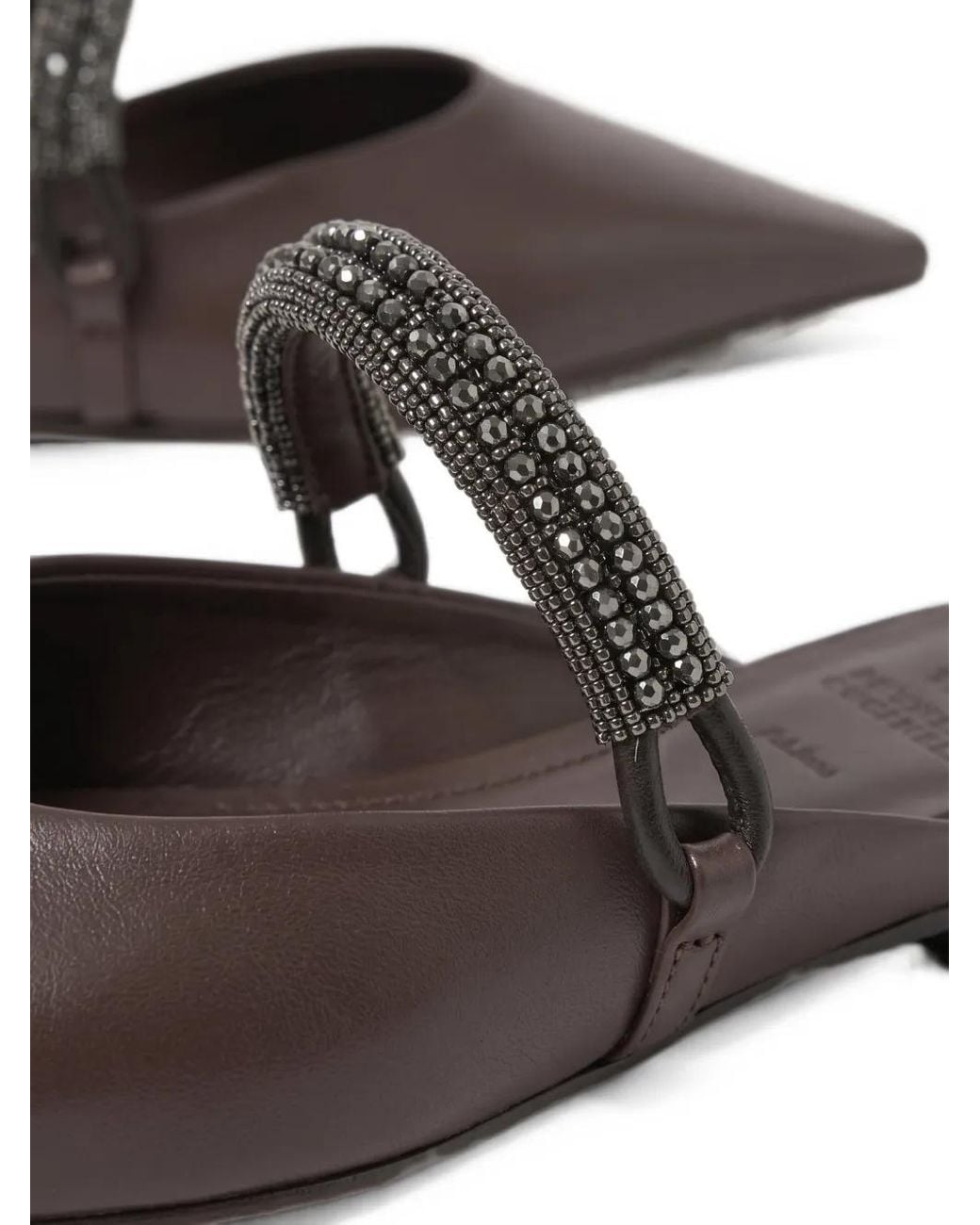 Brunello Cucinelli White Beaded-Strap Pointed-Toe Flat Mules
