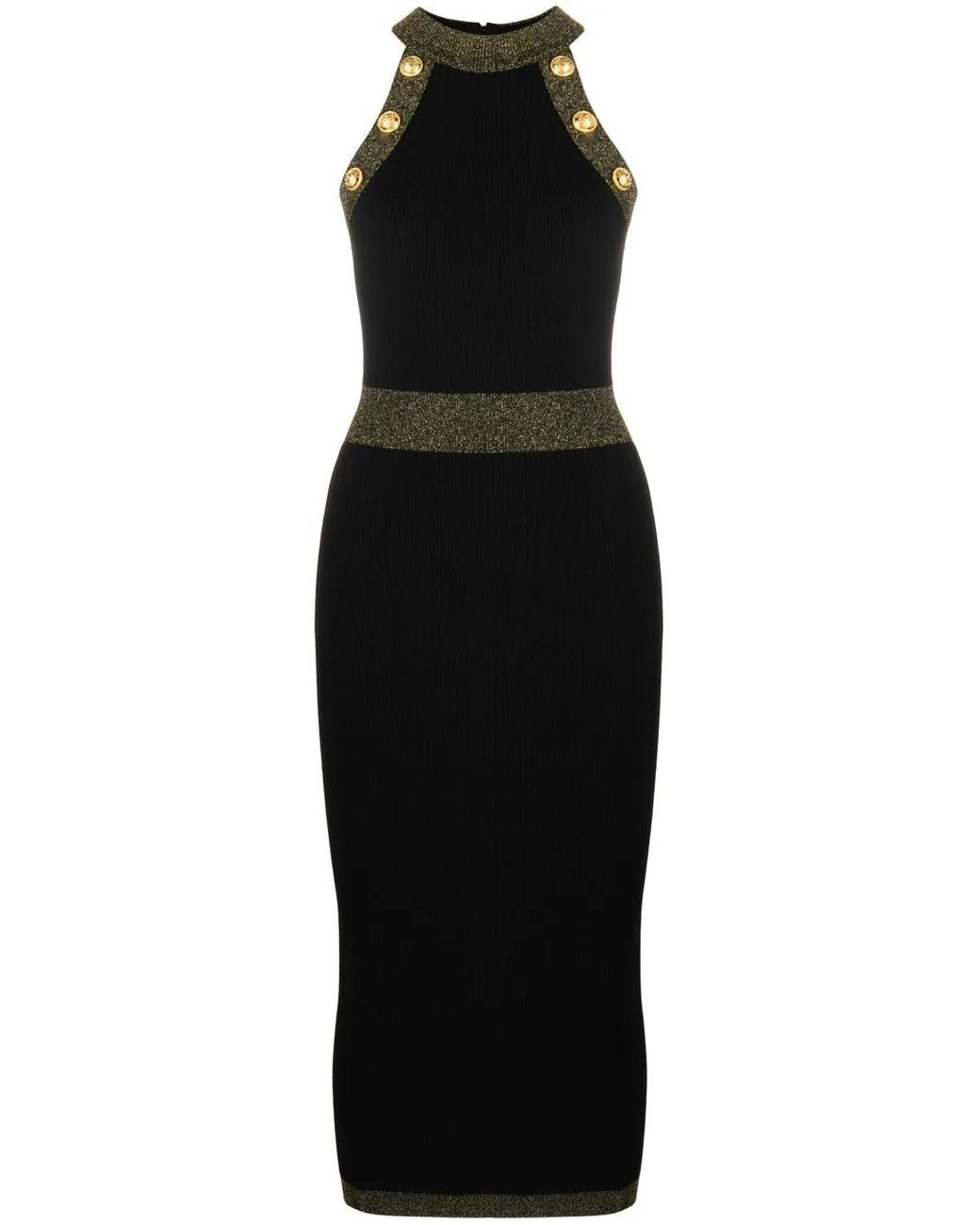 Balmain Black Knitted Midi Dress With Buttons And Lurex Trims