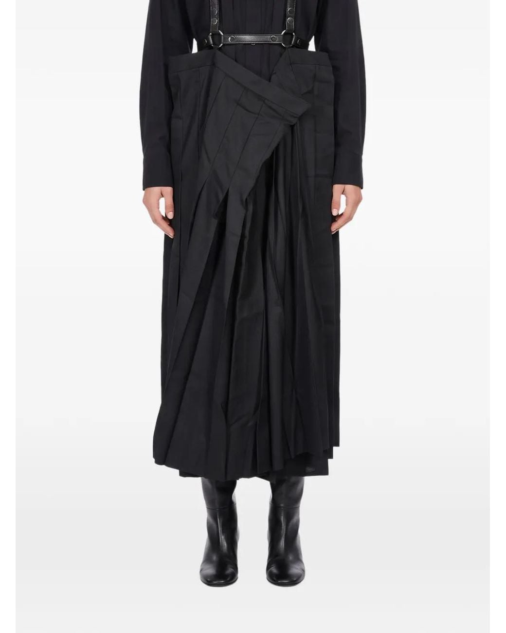 Junya Watanabe Black Harness-Detail Pleated Midi Skirt