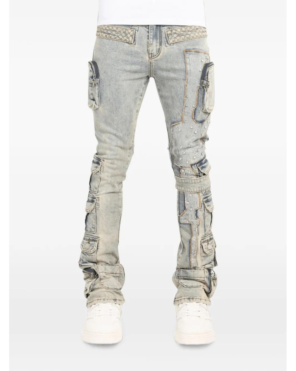 GUAPI Gray Rhinestone-Embellished Quilted-Panel Jeans for men