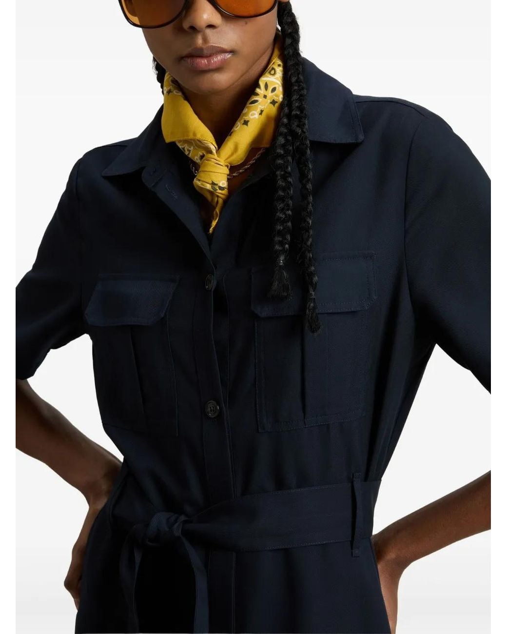 Woolrich Blue Long Dress With Short Sleeves And Belt
