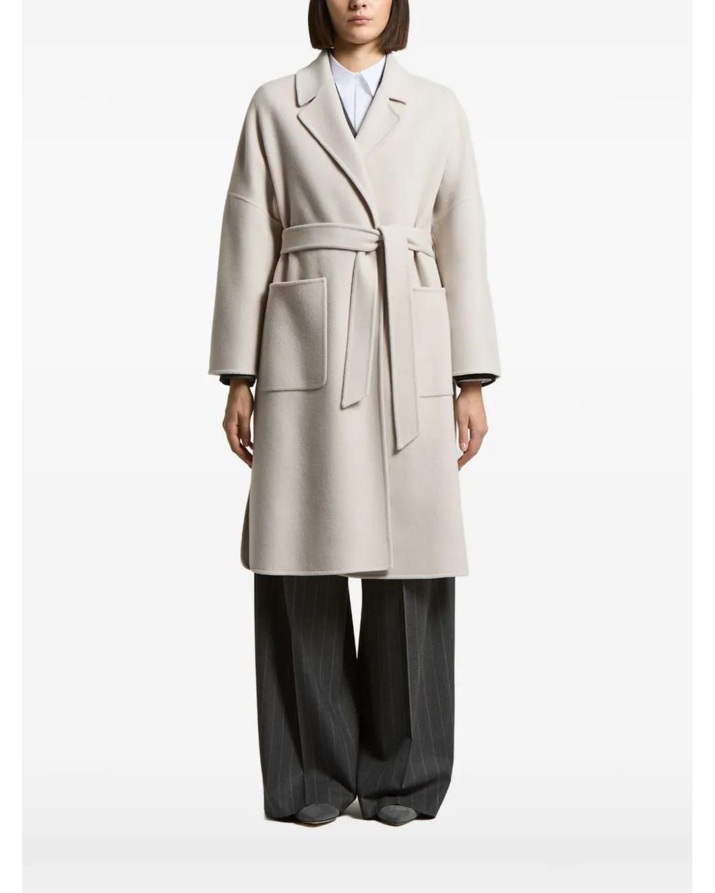 Peserico White Belted Notch-Lapel Coat