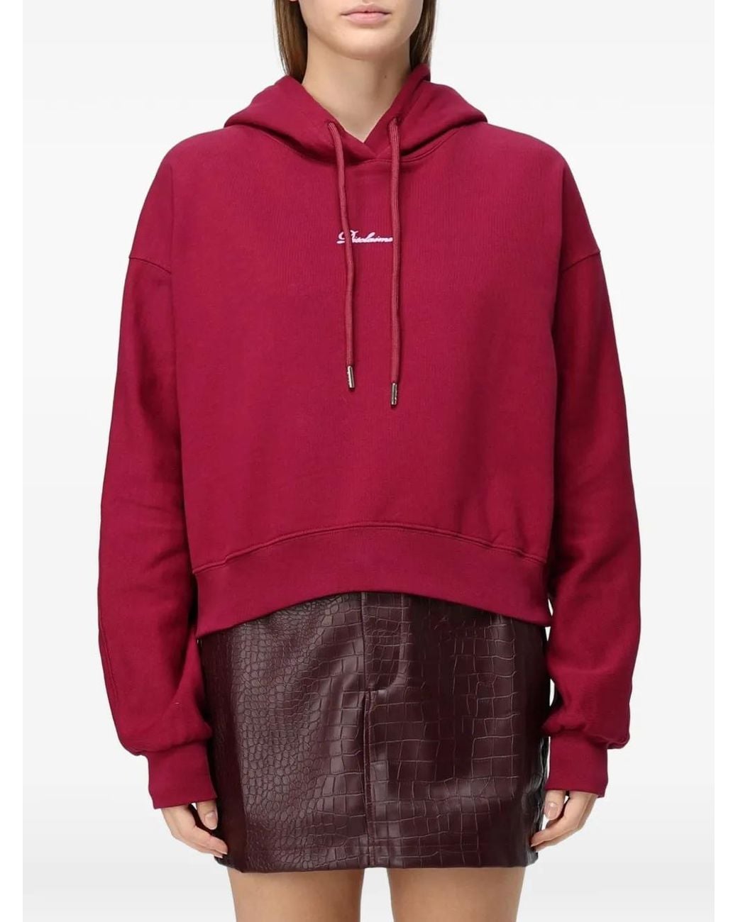 DISCLAIMER Red Logo-Print Cropped Hoodie
