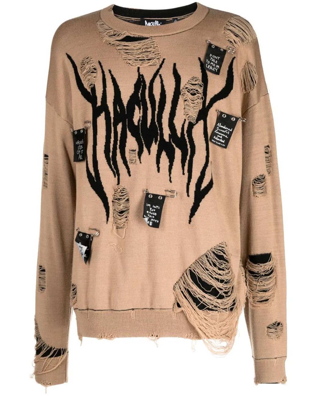 Haculla Brown Distressed Intarsia-Logo Jumper for men