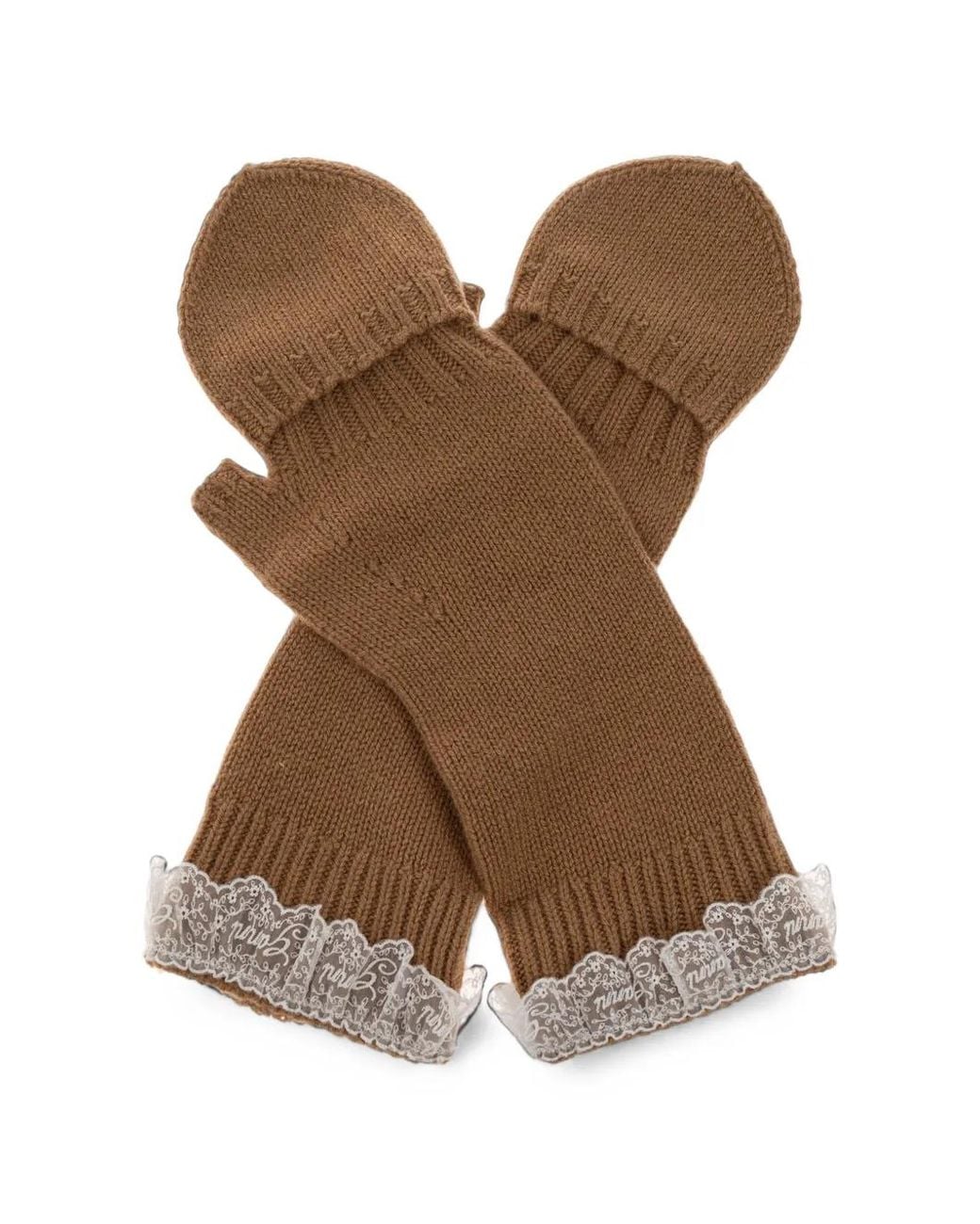 Ganni Brown Lace-Trim Gloves