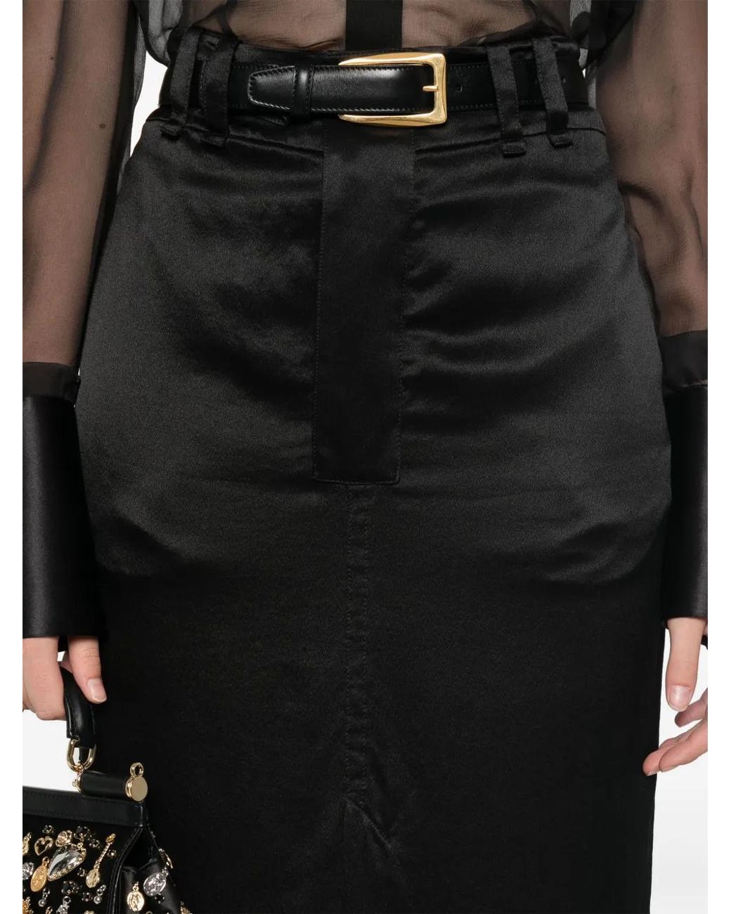 Saint Laurent Black Silk Midi Skirt