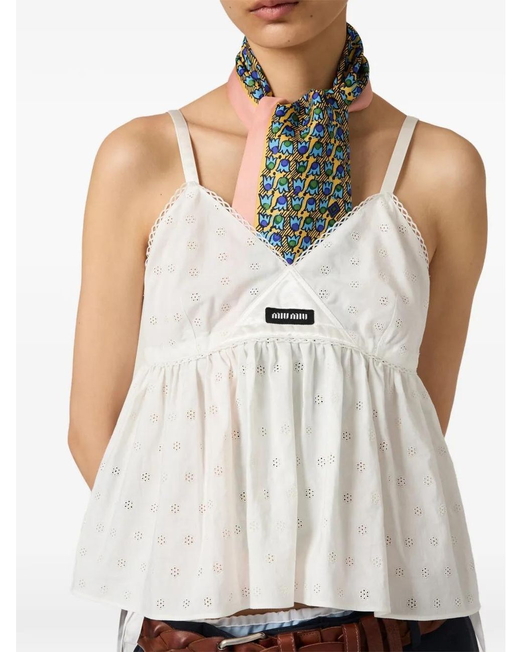 Miu Miu White Slubbed Eyelet Poplin Top