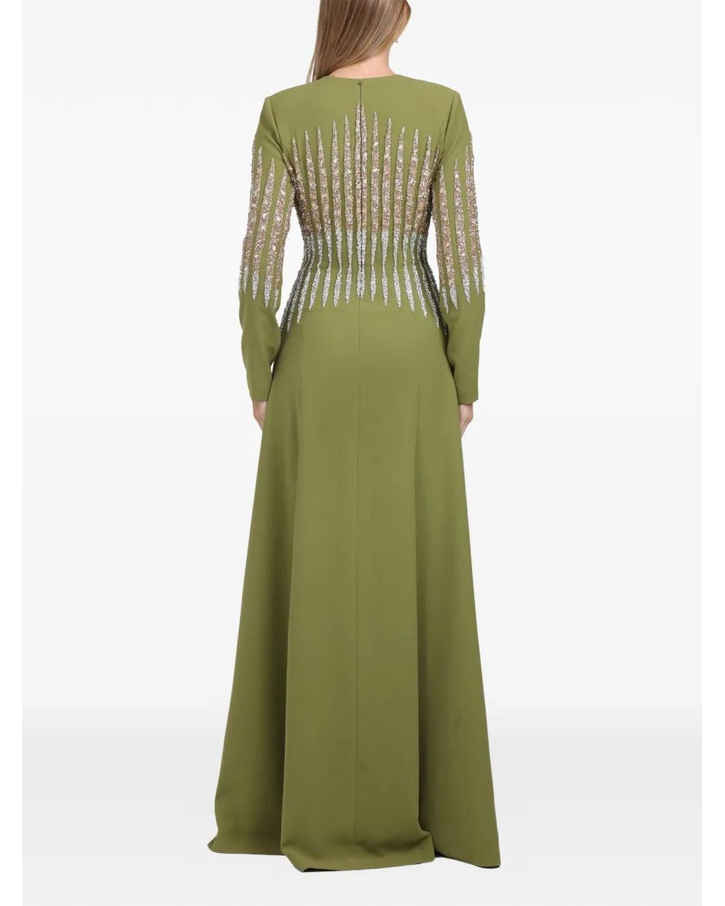 Dina Melwani Green Crystal-Embellished Maxi Dress