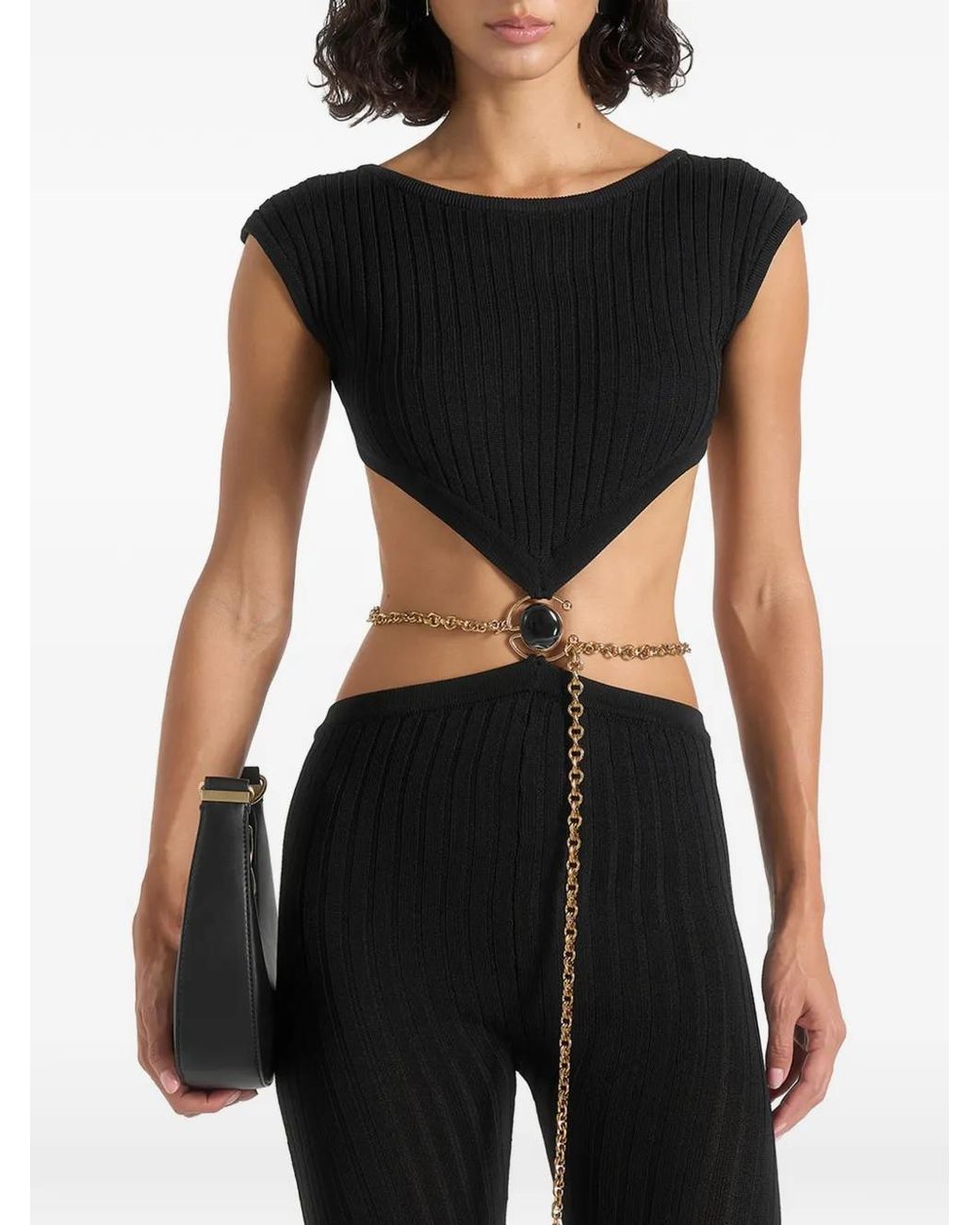 Manière De Voir Black Zelda Backless Rib Knit Jumpsuit With Hardware Chain Belt