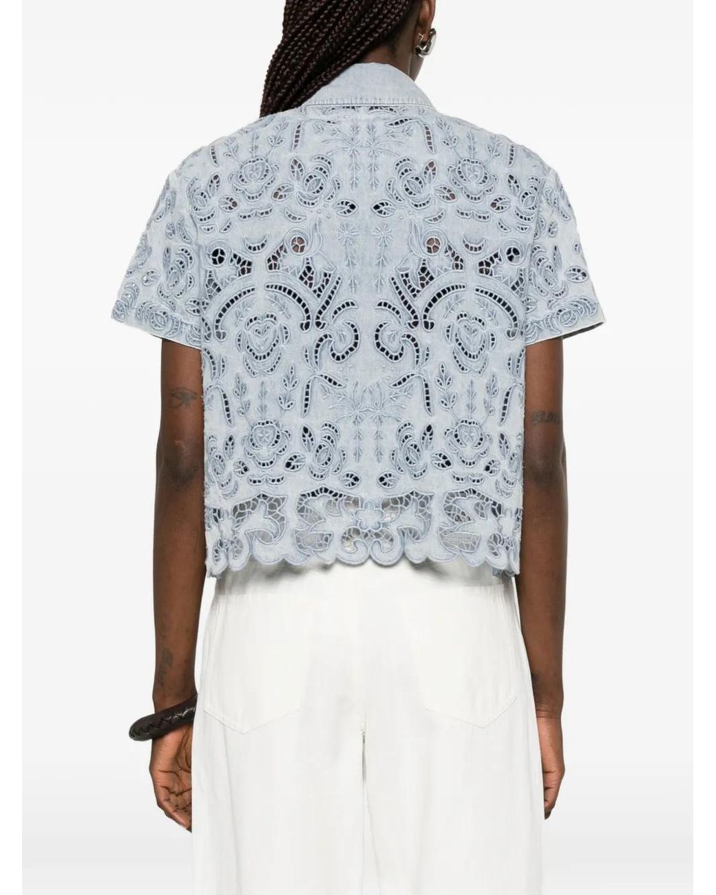 Alice + Olivia Blue Floral-Lace Button Shirt