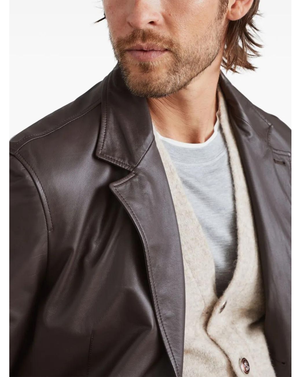 Brunello Cucinelli Brown Single-Breasted Leather Blazer for men
