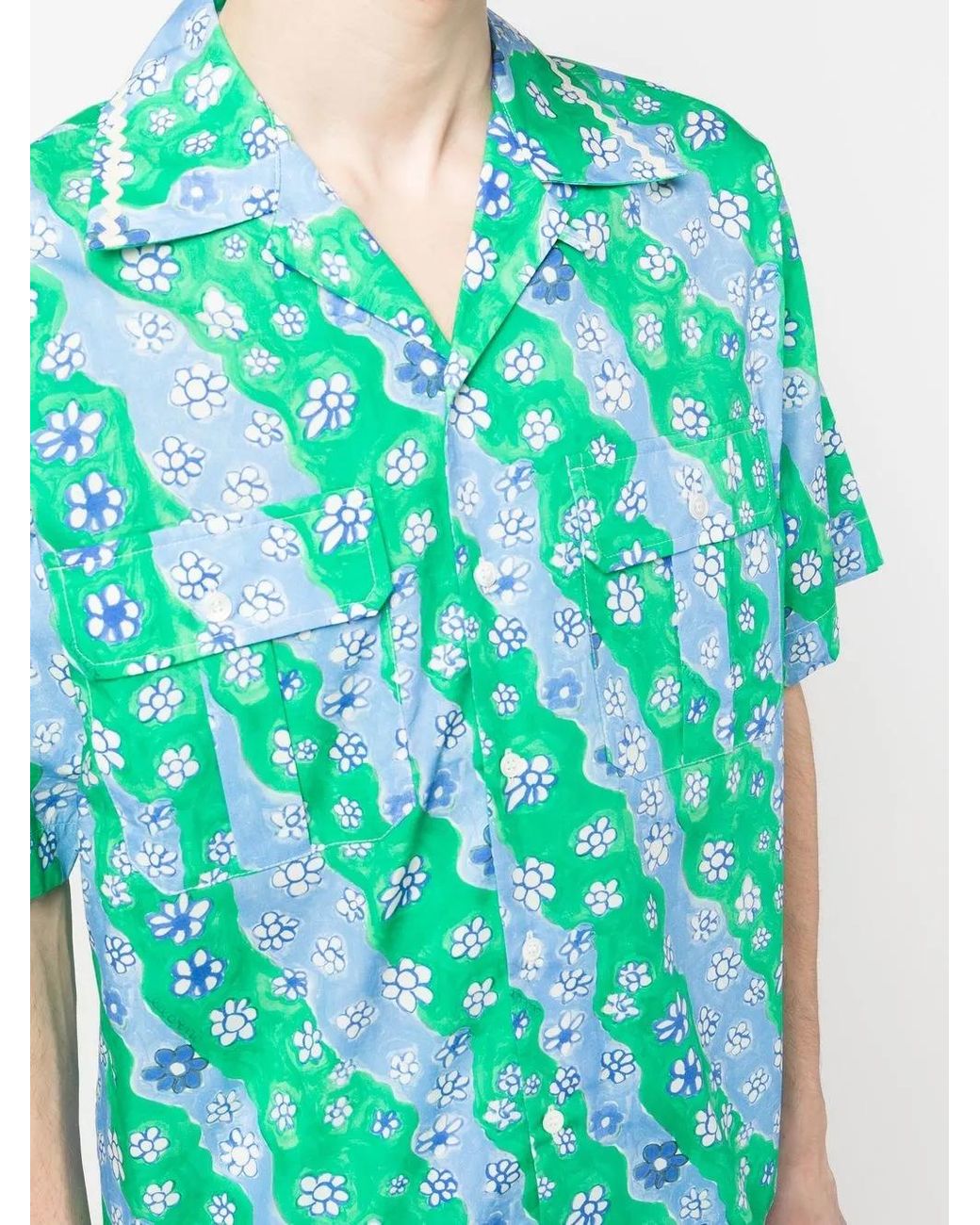 Marni Blue Floral-Print Short-Sleeved Shirt for men