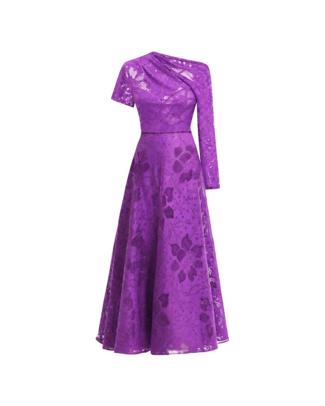 Gemy Maalouf Purple Asymmetrical Floral-Lace Dress