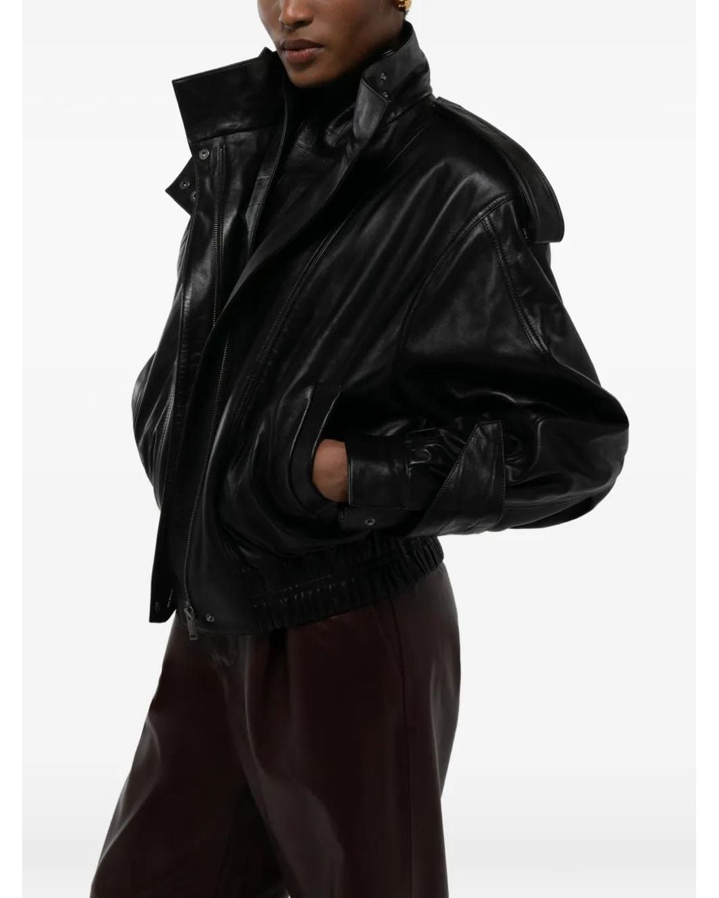 DUCIE Black Fiona Leather Bomber Jacket