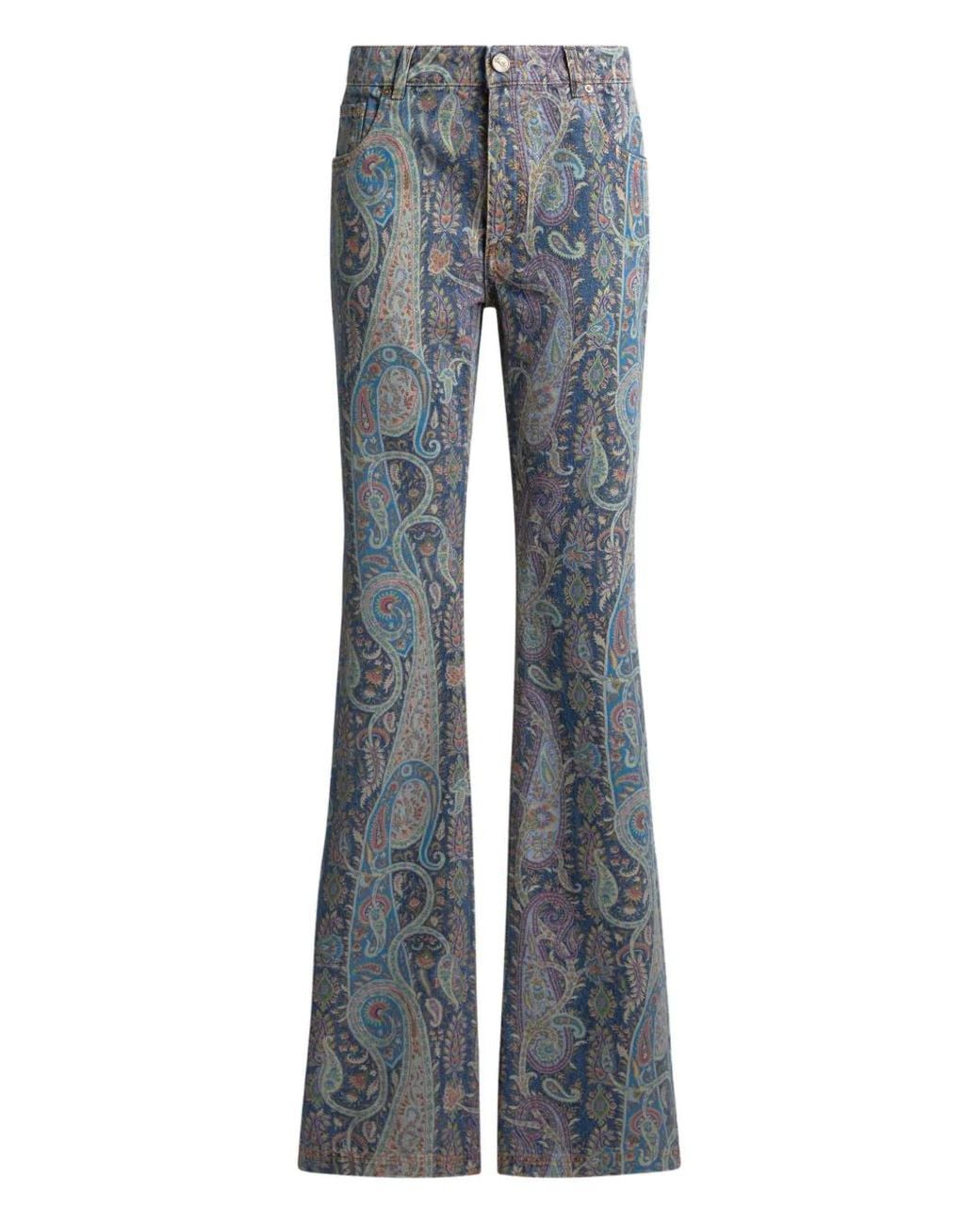 Etro Blue Flared Denim Jeans With A Floral Paisley Motif