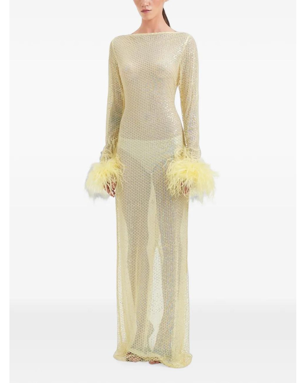 OW Collection White Maxi Alva Feather-Cuff Embellished Mesh Dress