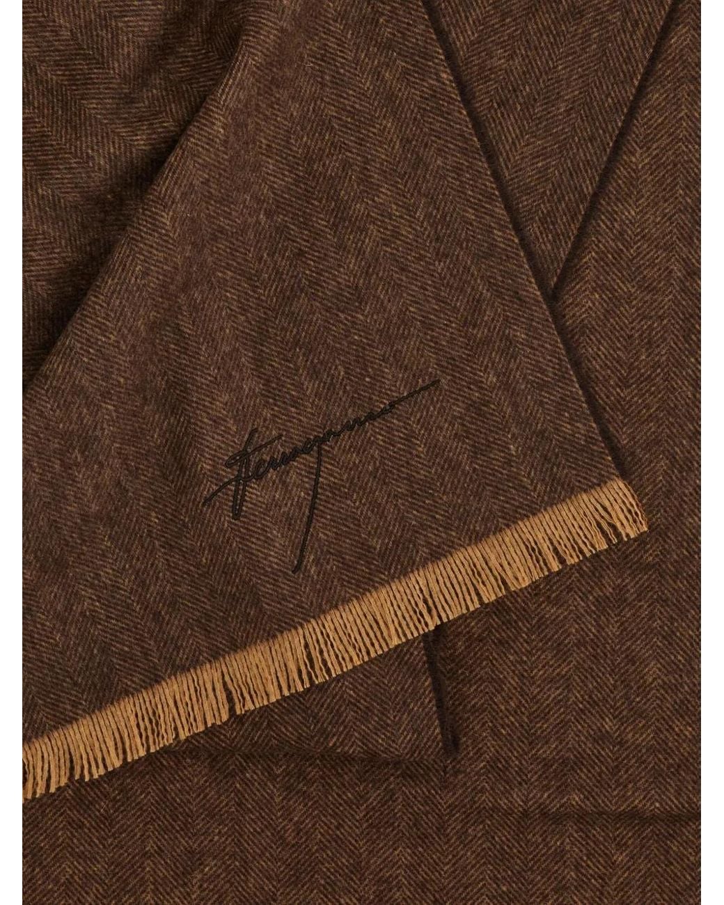 Ferragamo Blue Chevron-Pattern Fringed Scarf for men