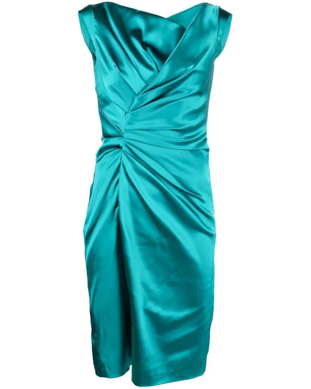 Talbot Runhof Blue Gathered-Detail Midi Dress