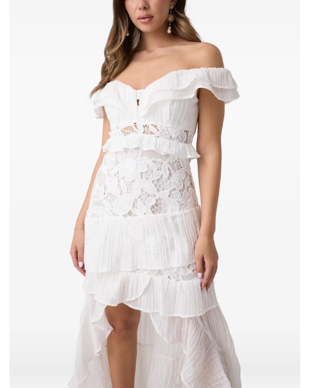 Guess White Off-Shoulder Ruffled Asymmetric Dress