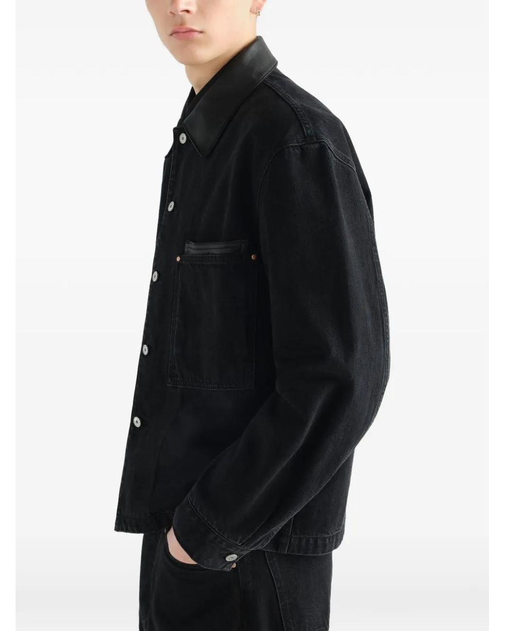 Lemaire Black Workwear Overshirt With Leather Collar for men