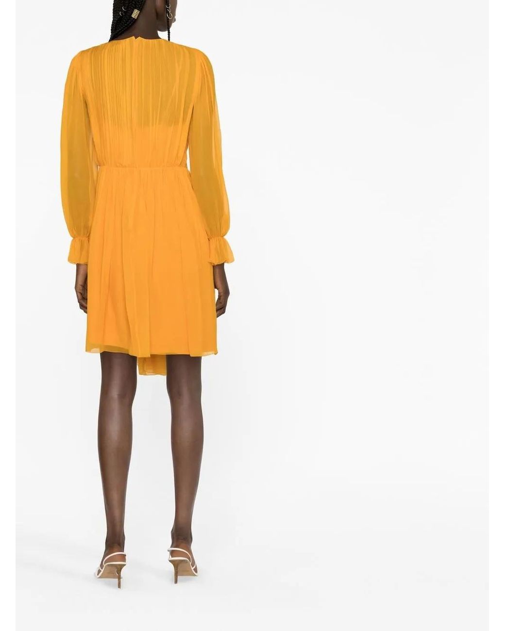 Alberta Ferretti Orange Pleated Silk V-Neck Dress