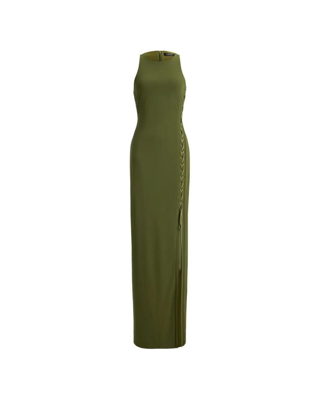 Ralph Lauren Green Lace-Up Jersey Maxi Dres