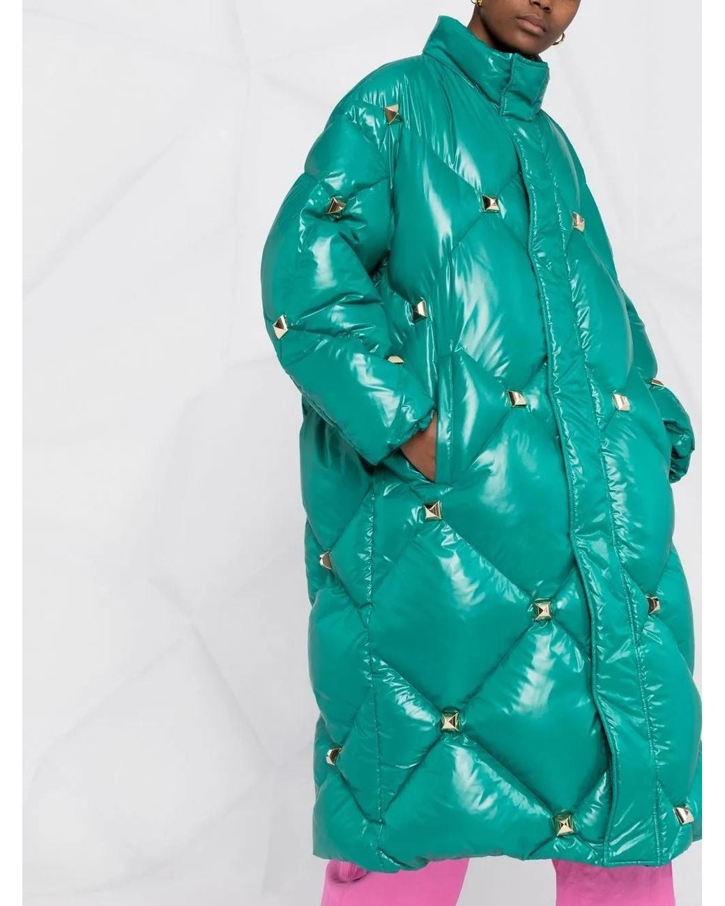 Philipp Plein Blue Quilted Studded Padded Coat Green