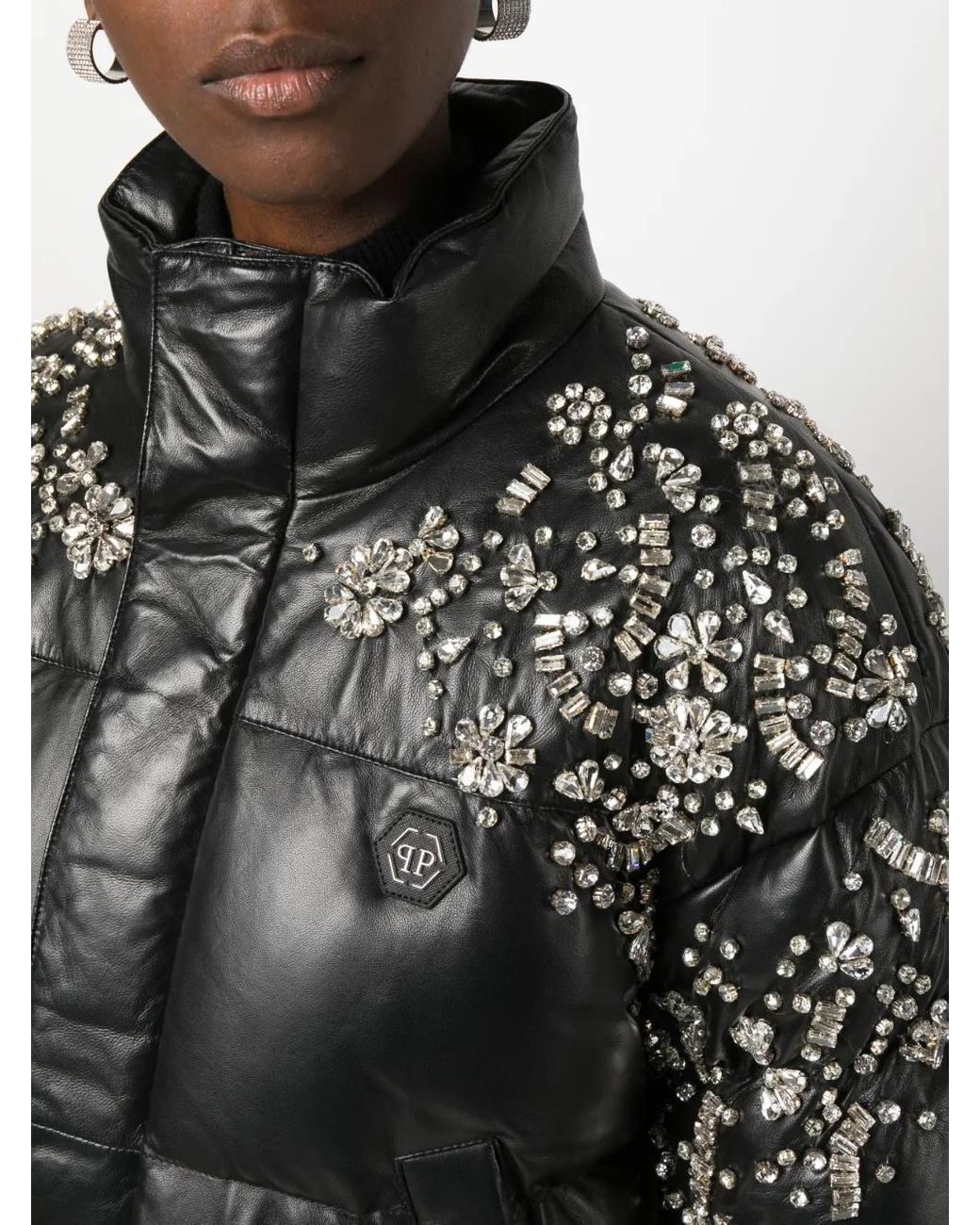Philipp Plein Black Crystal-Embellished Leather Puffer Jacket
