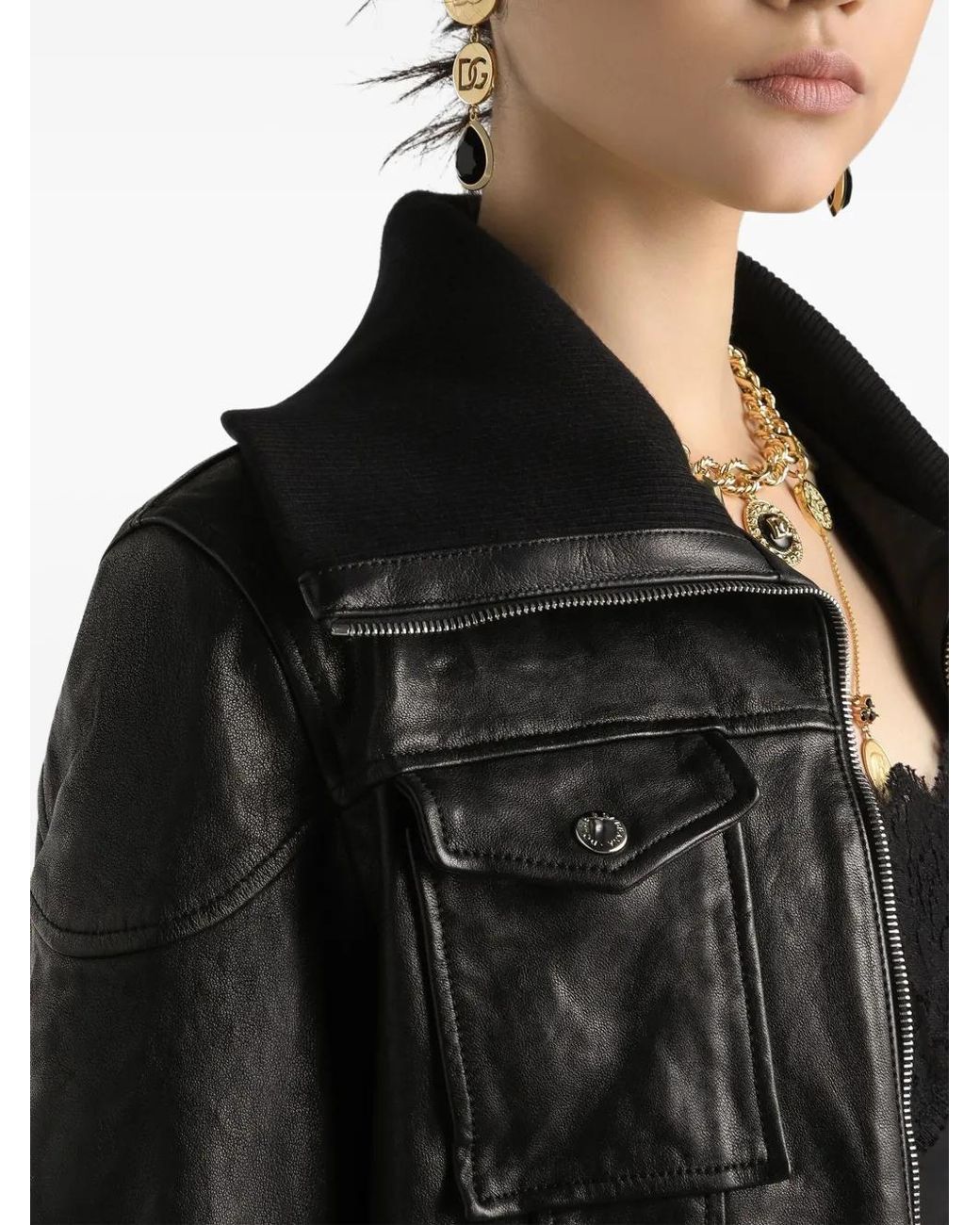 Dolce & Gabbana Leather Bomber Jacket in het Black