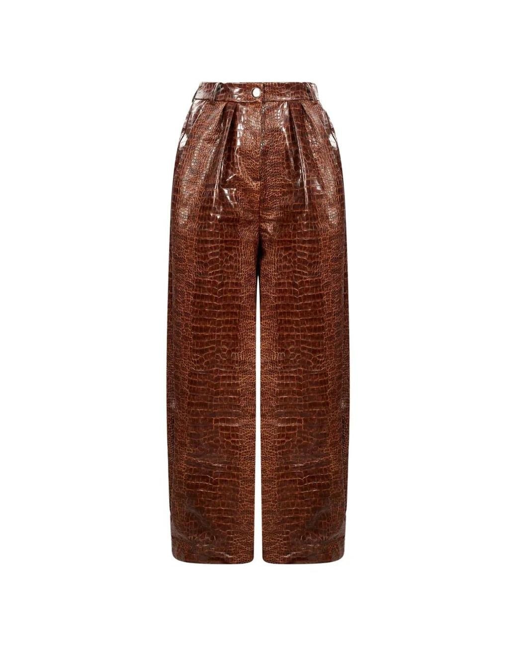 ROWEN ROSE Brown Pantalon Taille Haute À Effet Crocodile