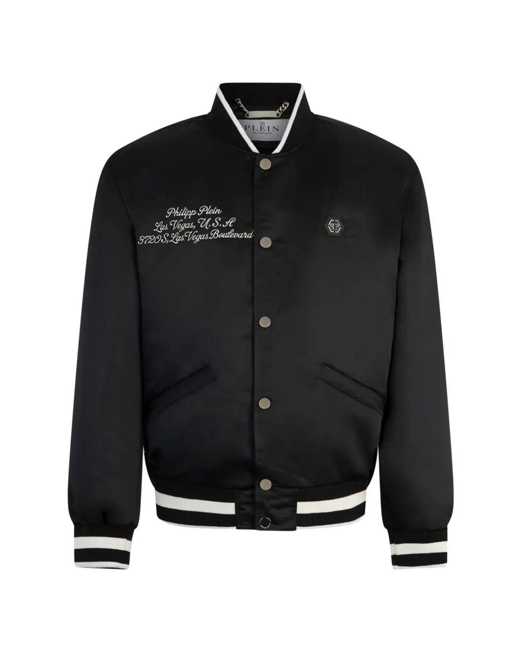 Philipp Plein Black Shiny Satin Varsity Bomber Signature Las Vegas for men