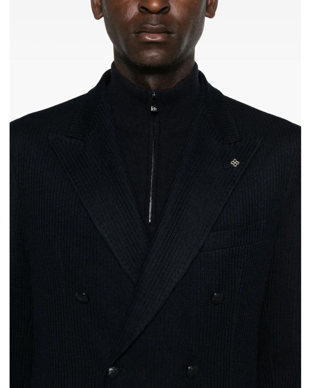 Tagliatore Black Double-Breasted Striped Jacket for men