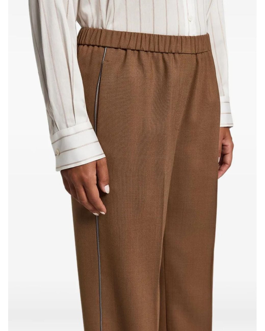 Peserico Brown Piped-Trim Elasticated-Waistband Trousers