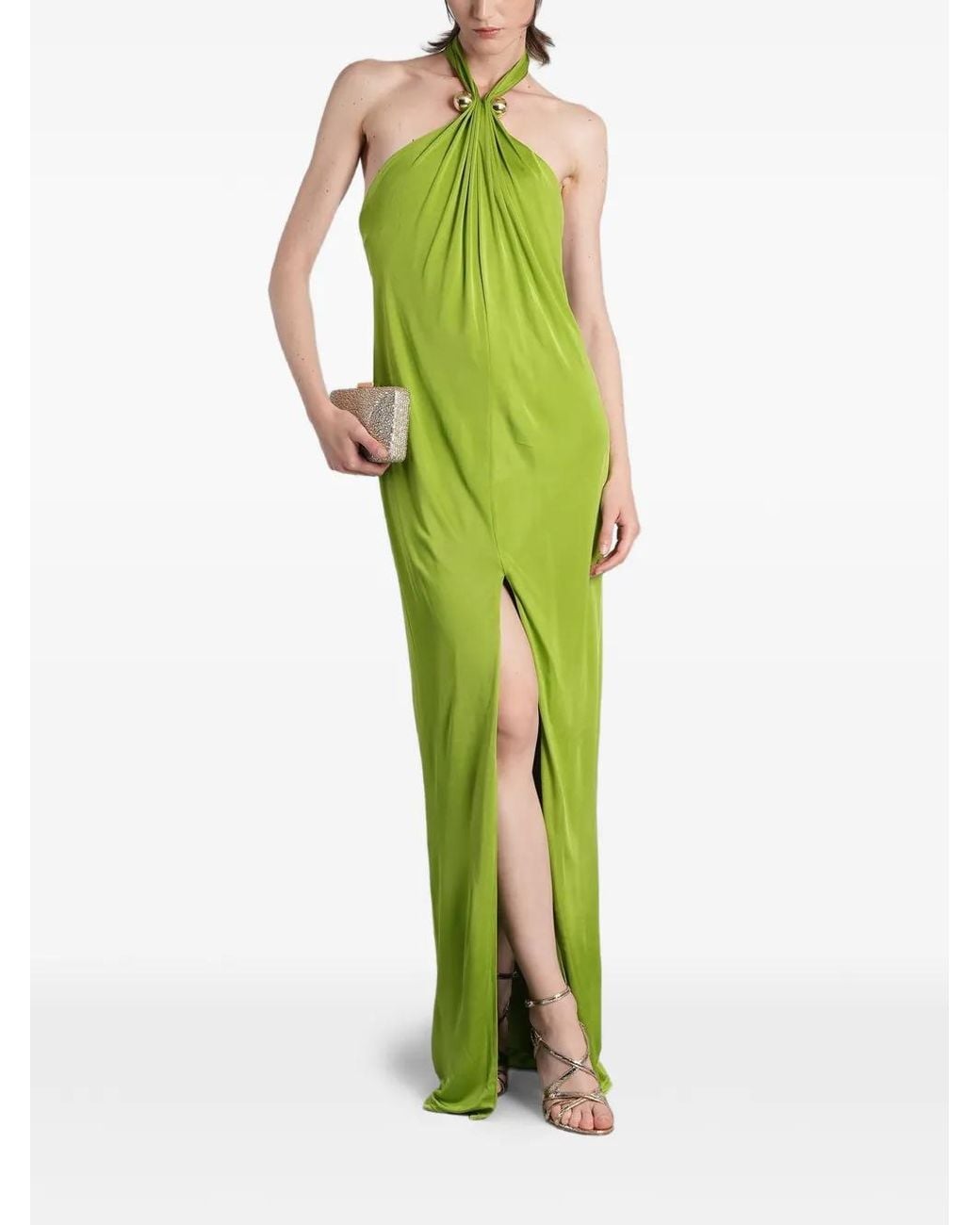 retroféte Green Becs Bead-Embellished Halterneck Maxi Dress