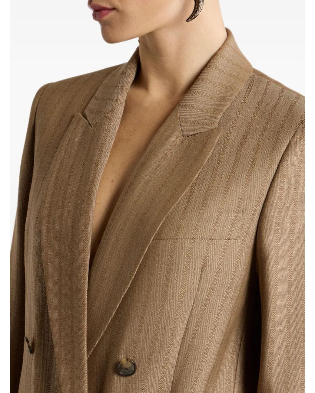Etro Natural Double-Breasted Wool Jacquard Jacket With Striped Pattern