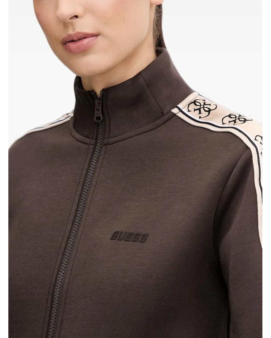 Guess Brown Logo-Tape Zip-Up Sweater