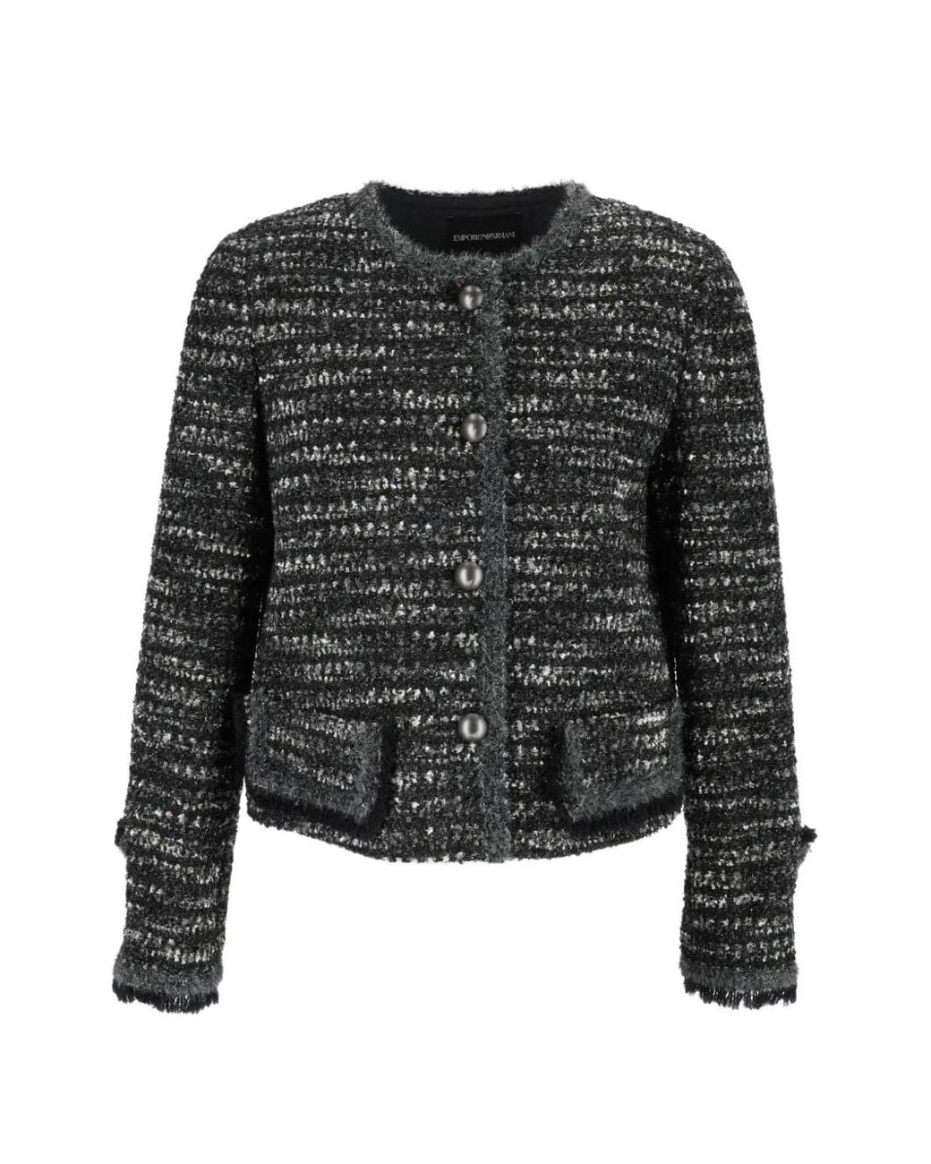 Emporio Armani Black Cropped Textured Fringed Blazer