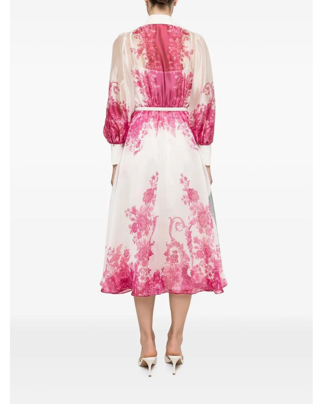 Nissa Pink Printed Organza Midi Dress