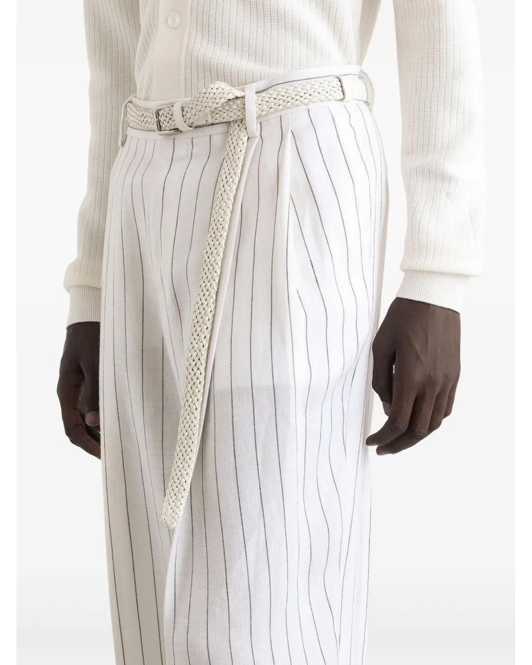 Dolce & Gabbana White Pinstripe Linen-Blend Trousers With Double Darts for men