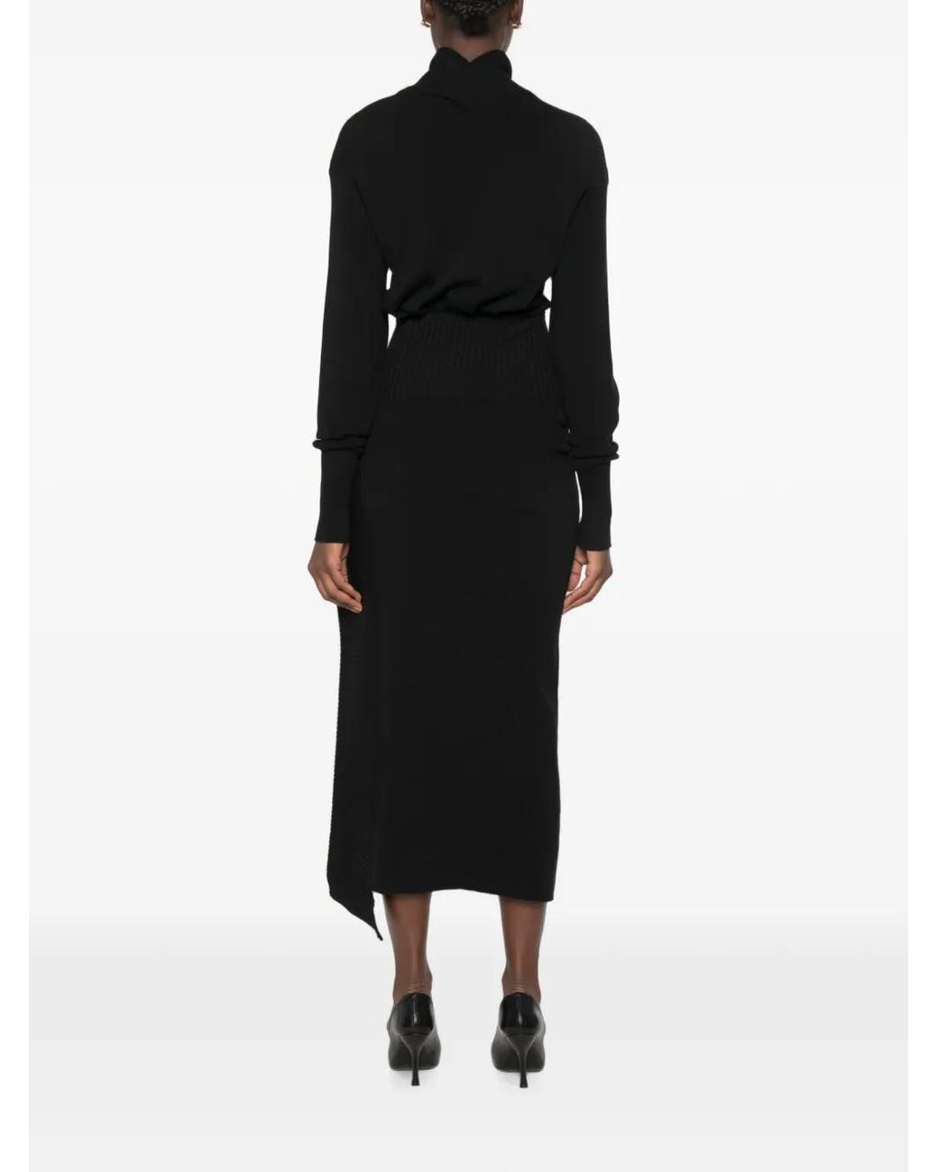Lanvin Black Asymmetrical Ribbed Knit Midi Dress