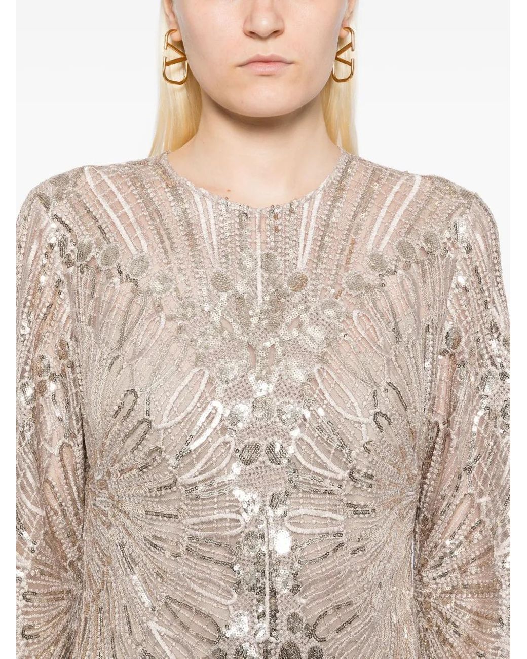 Elie Saab Natural Embroidered Midi Dress