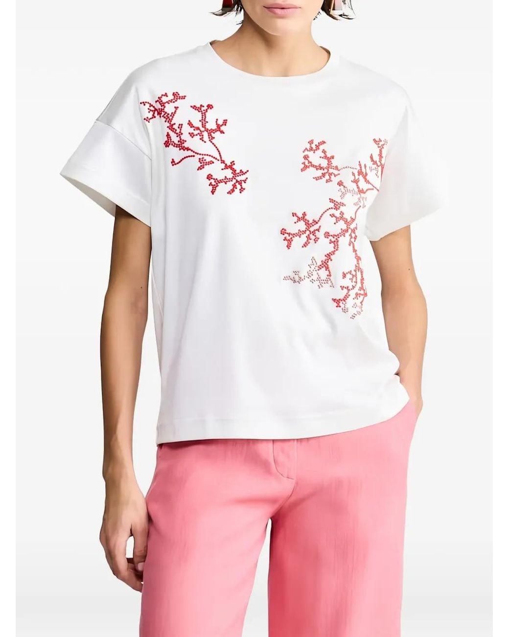 Giorgio Armani White Bead-Embellished Coral-Motif T-Shirt