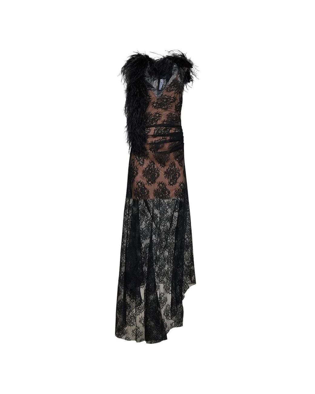 GIUSEPPE DI MORABITO Black Feather-Trim Lace-Overlay Asymmetric Dress